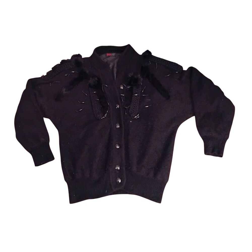 VTG Black Angora Rabbit Cardigan Buttons Bead Detail Luxury L/XL